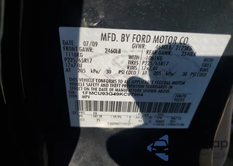 2009 Ford Escape Xlt из США, поврежденный, VIN 1FMCU93G49KC97964